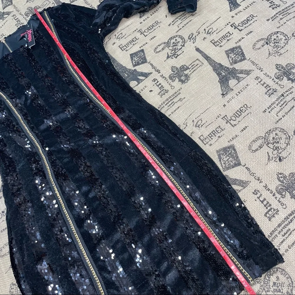 Xtaren NWT! Black Velvet Sequin Striped Chain Long Sleeve Stretchy Mini Dress - Picture 13 of 14